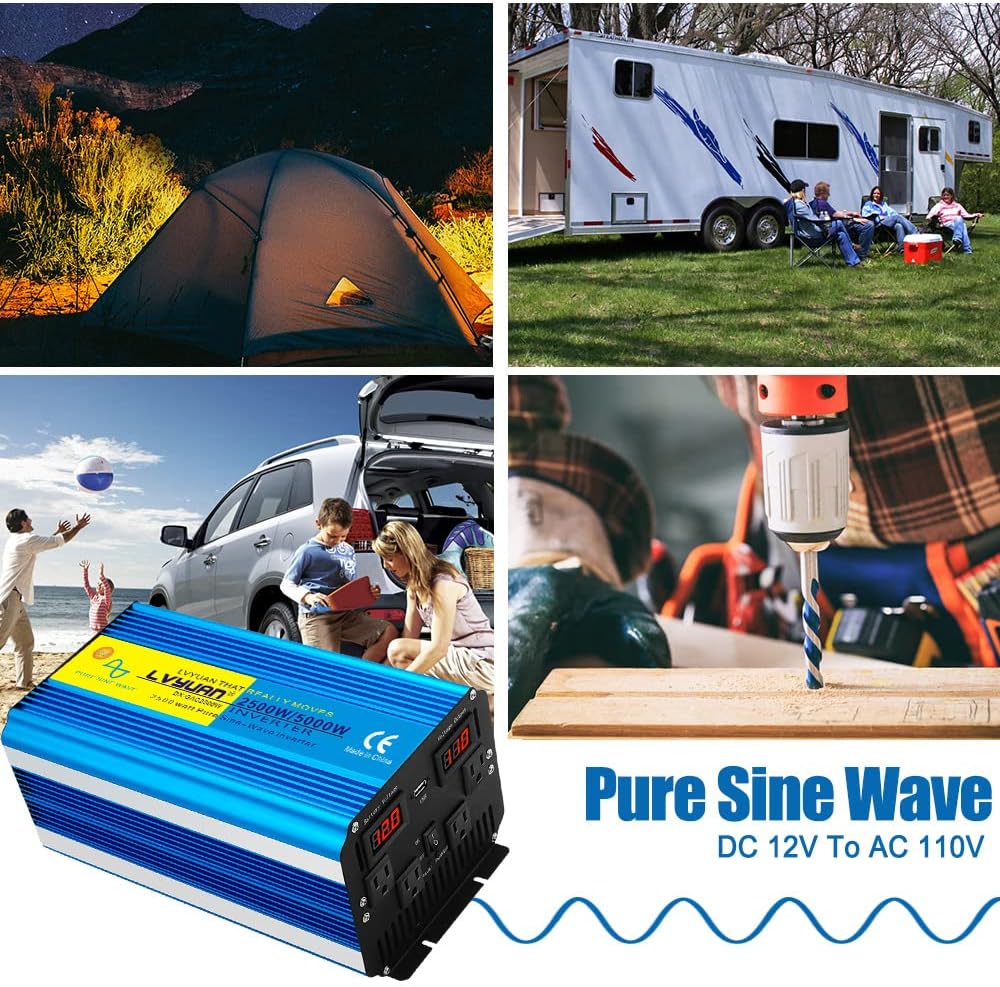 2500 Watt Pure Sine Wave Power Inverter 12V DC to 120V AC Converter with 4 AC Outlets and 3.1A USB Port U253903