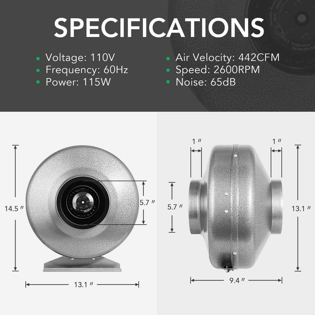 6 Inch 442 CFM Inline Fan Carbon Filter 16 Feet Ducting Combo with Variable Speed Controller Rope Hanger Temperature Humidity Monitor R598