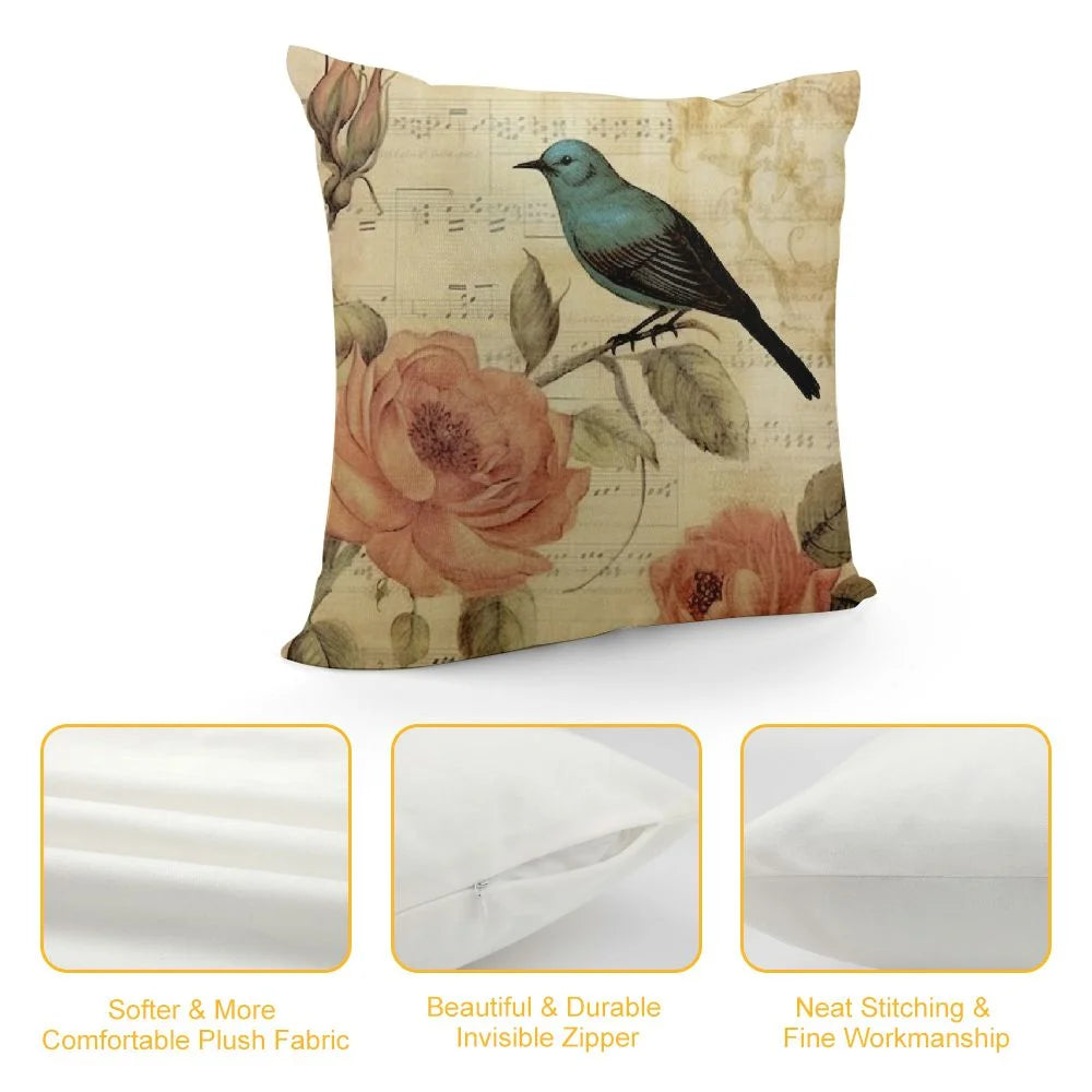 Victorian Bird Paris French Botanical Rose Cushion Pillow Case V5036