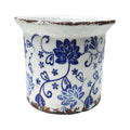 Blue and White Ceramic Flower Print Planter with Flared Lip D85284