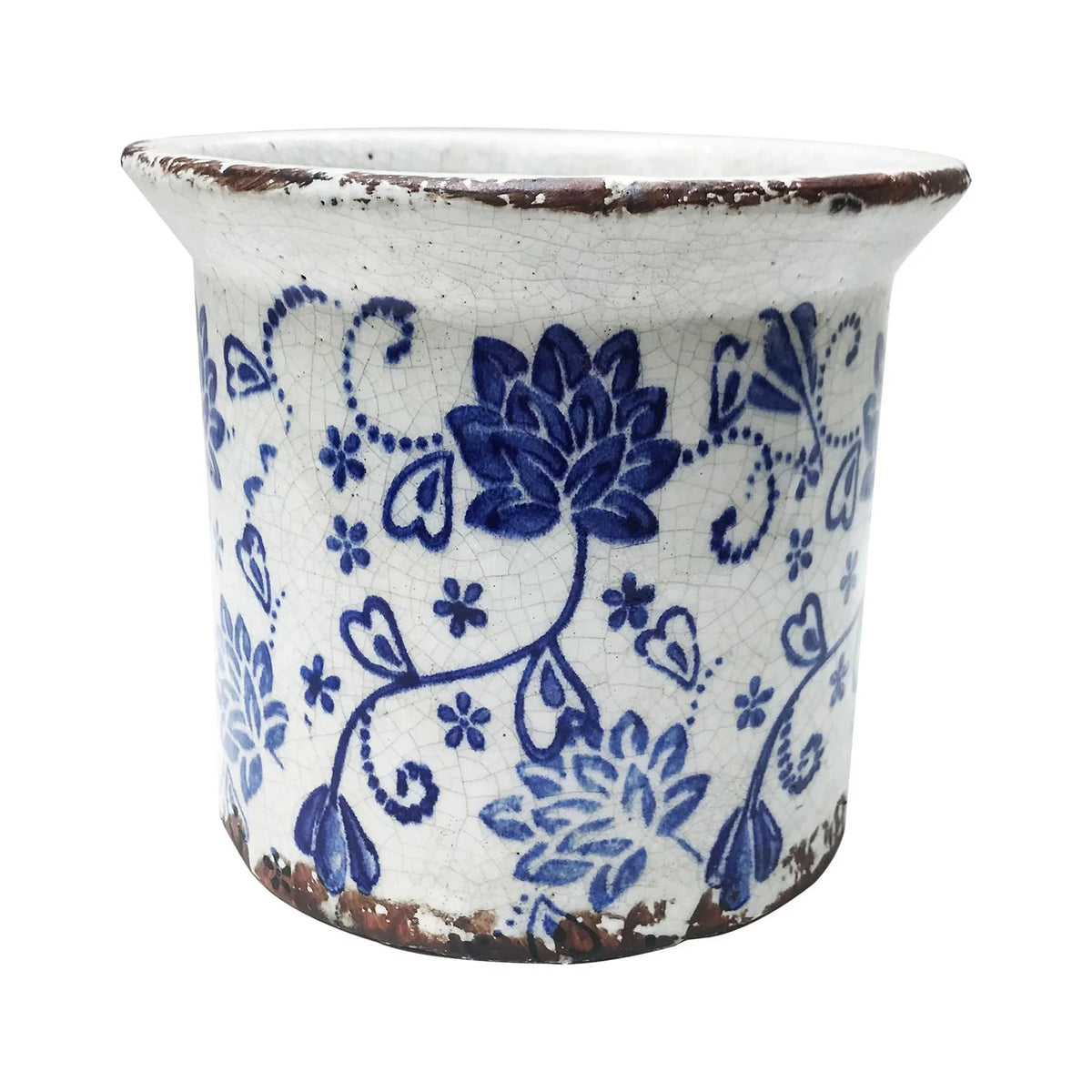 Blue and White Ceramic Flower Print Planter with Flared Lip D85284
