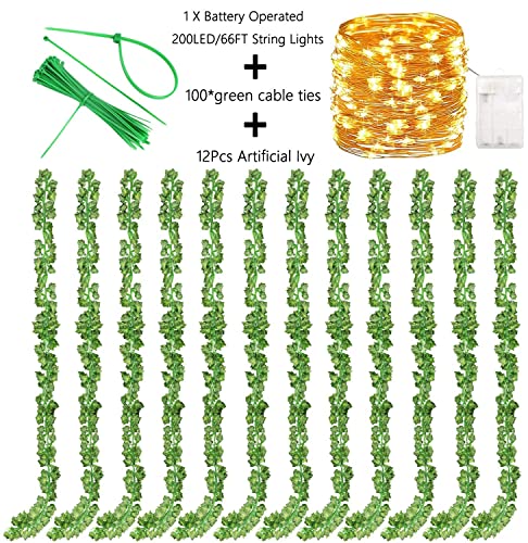 Fake Vines Artificial Ivy Garland with 100 LED String Light Hanging Plants Faux Greenery Leaves 6Pack with 100LED W498