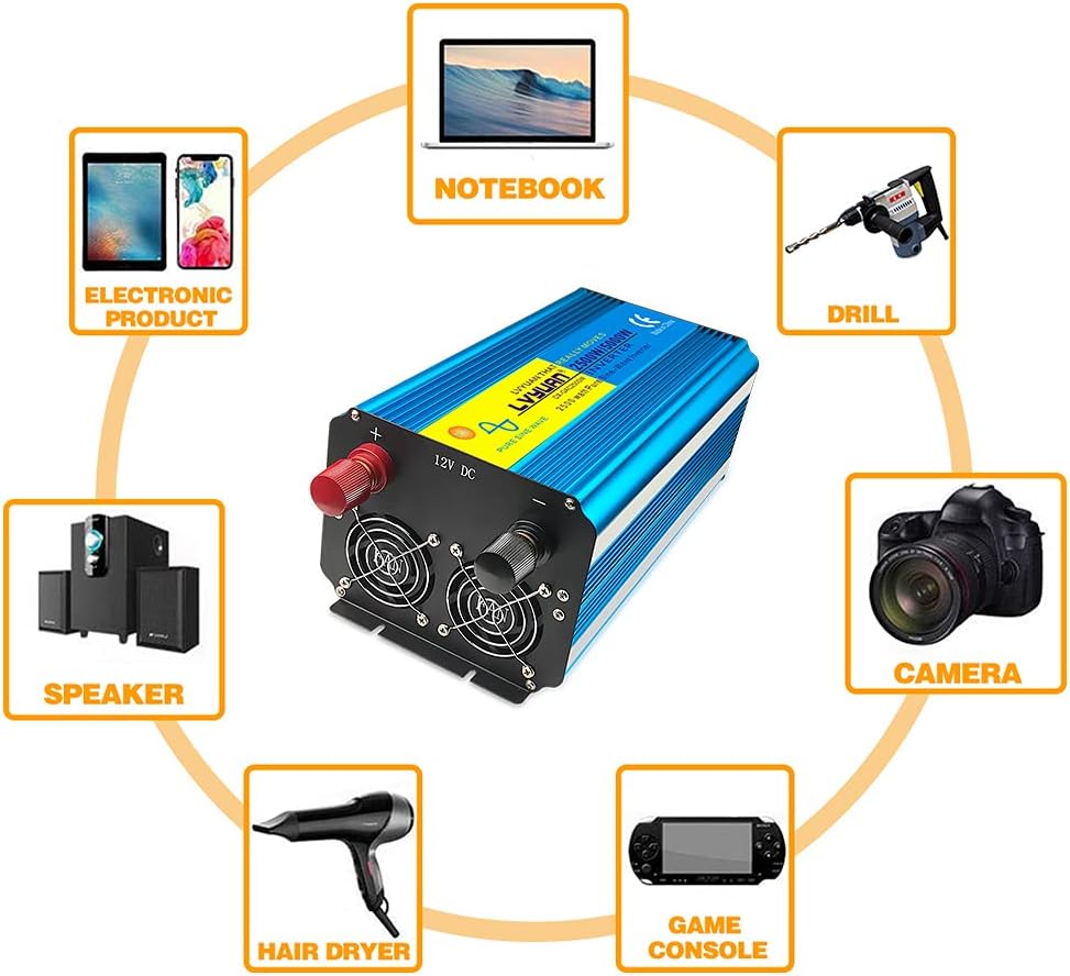 2500 Watt Pure Sine Wave Power Inverter 12V DC to 120V AC Converter with 4 AC Outlets and 3.1A USB Port U253903