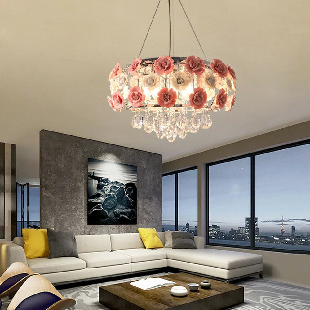 Pink Rose Flower Crystal Pendant Ceiling Lamp X3951