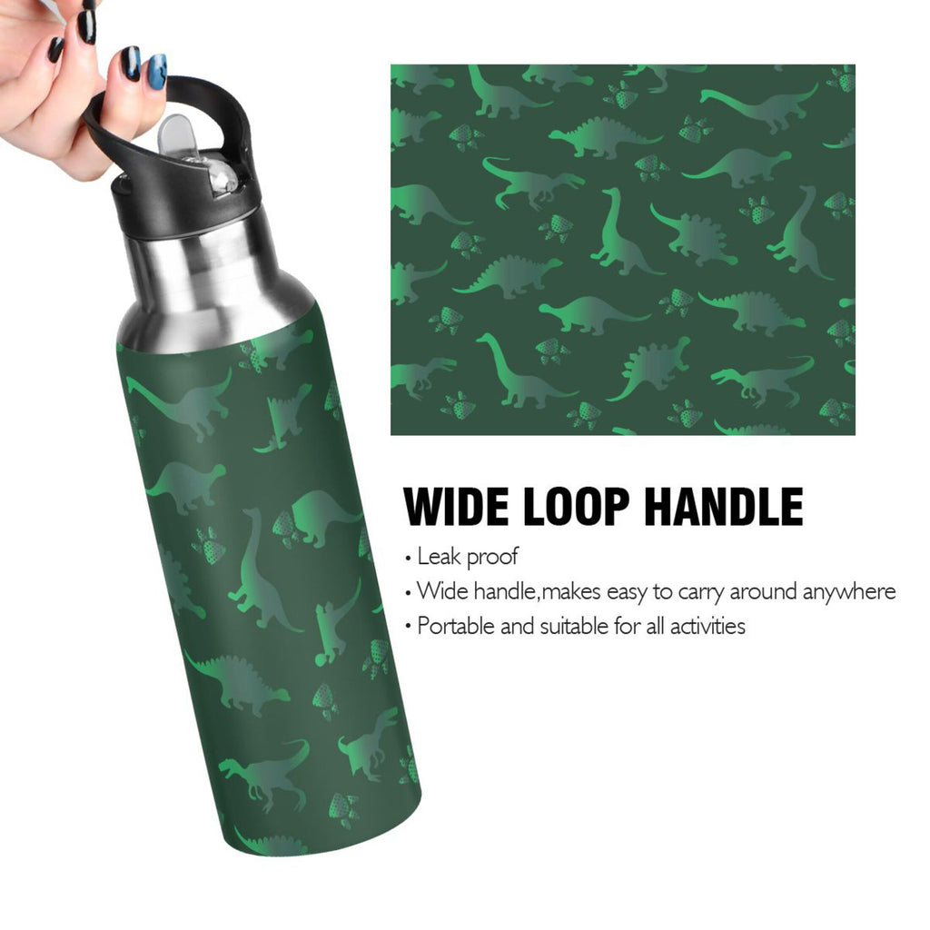 Green Dinosaur Pattern Stainless Steel Insulated Water Bottle with Straw Lid Z67347