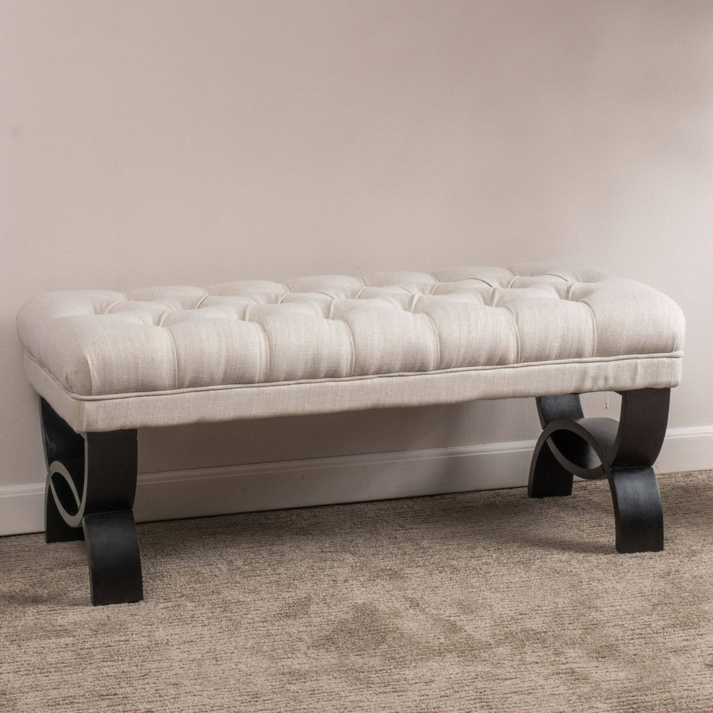 Beige and Brown Plush Tufted Rectangular Ottoman Bench H929787