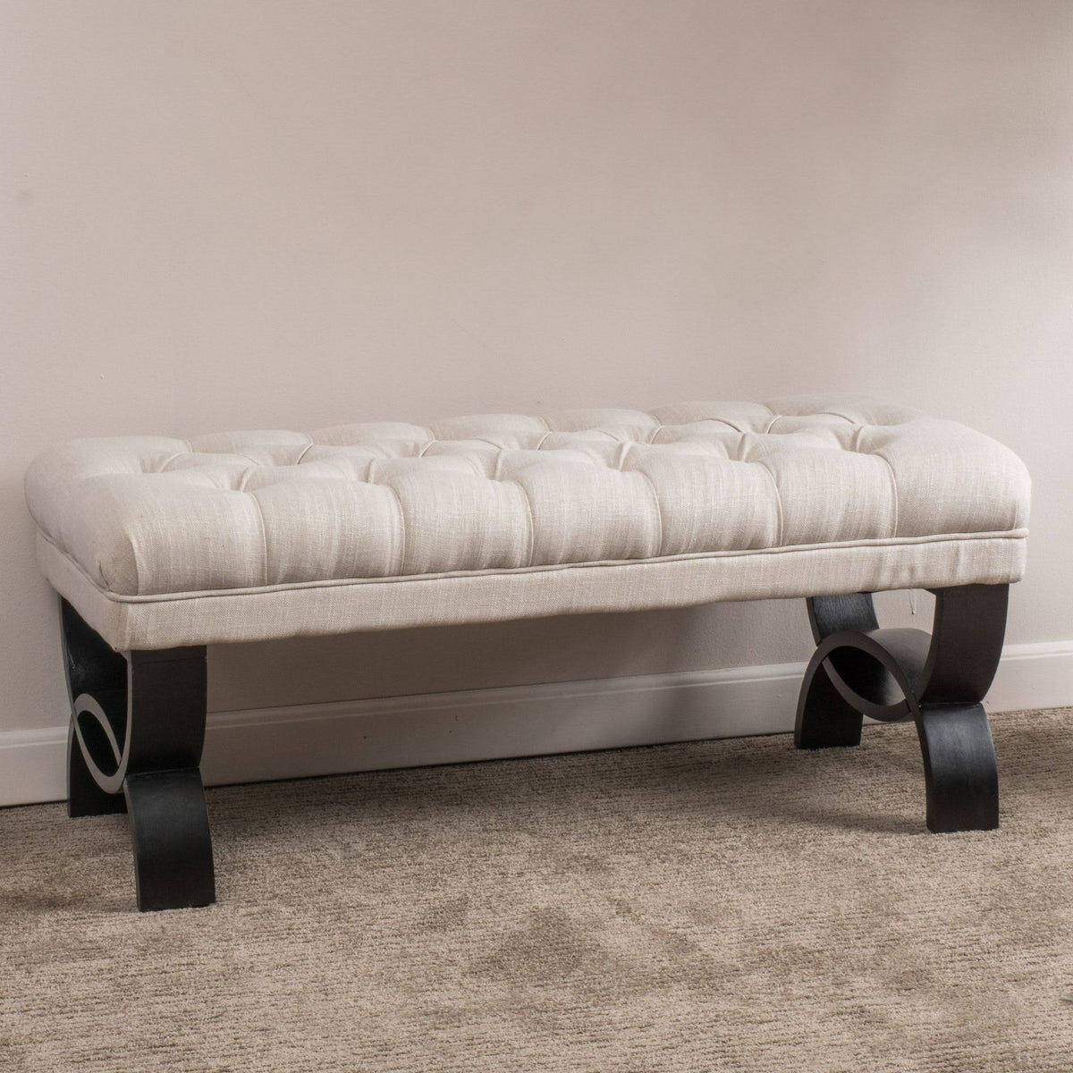 Beige and Brown Plush Tufted Rectangular Ottoman Bench H929787