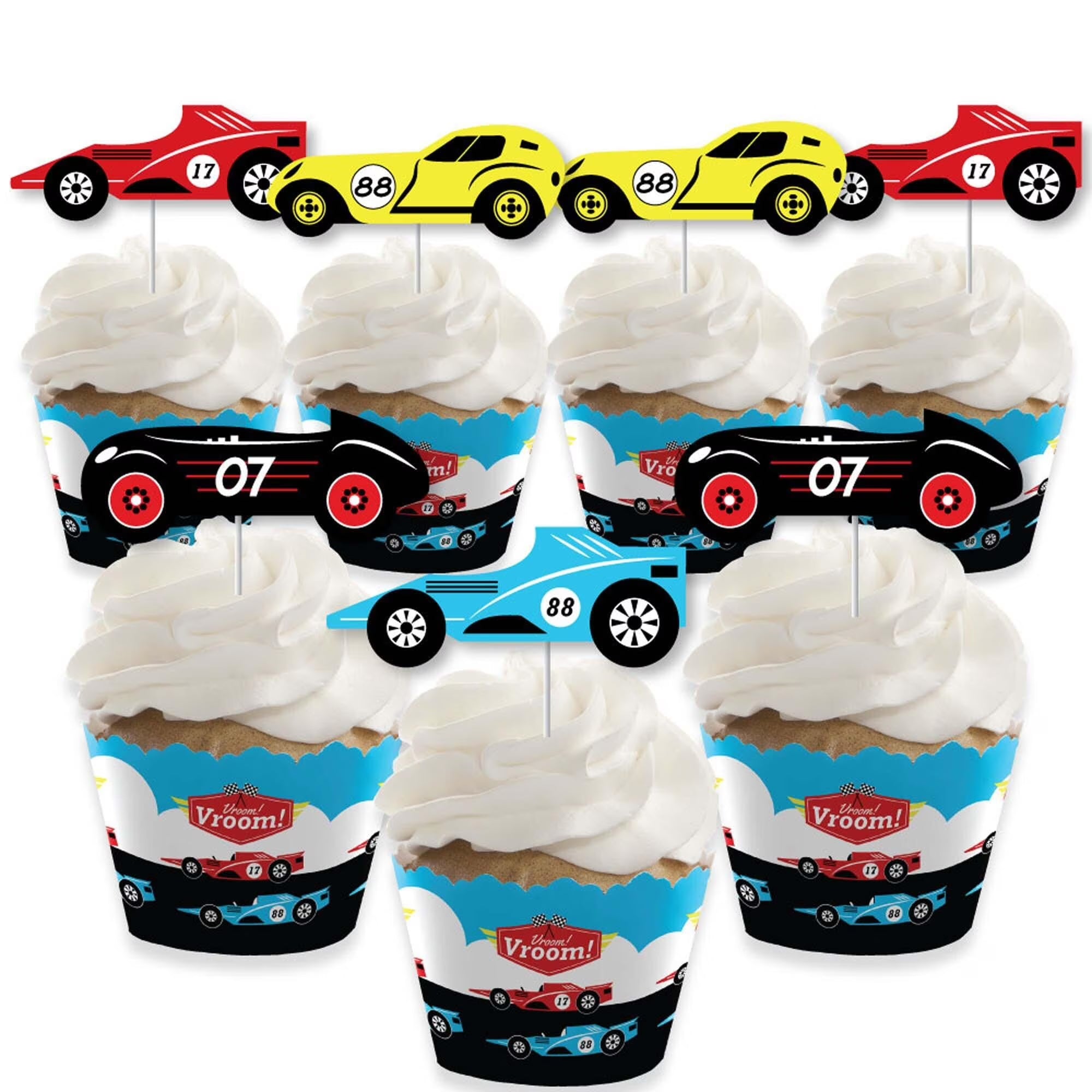 Racecar Cupcake Wrappers and Treat Picks Kit - Set of 24 E52321