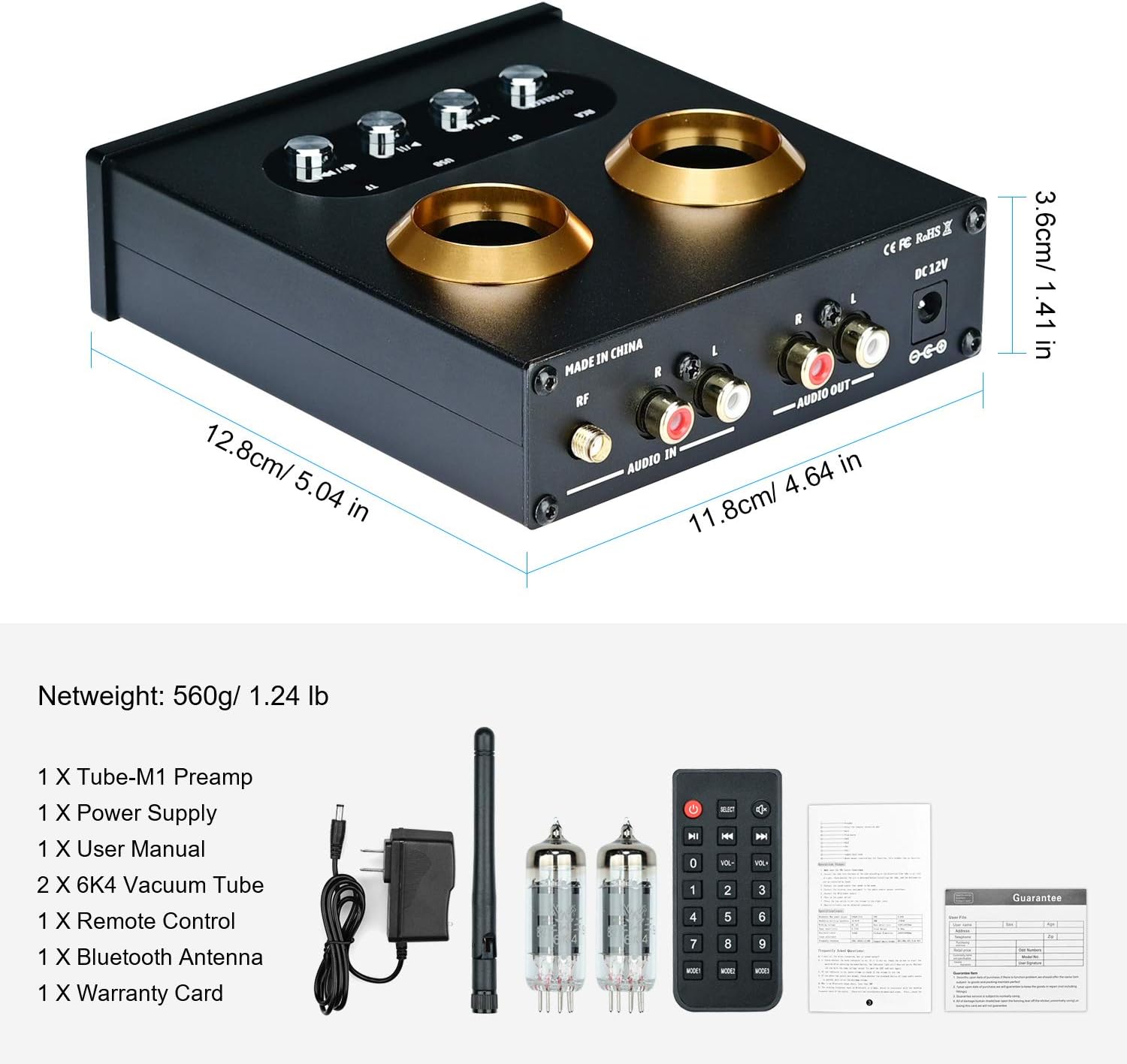 Bluetooth 5.0 Vacuum Tube Preamplifier with Bass Mid Treble Control R3705
