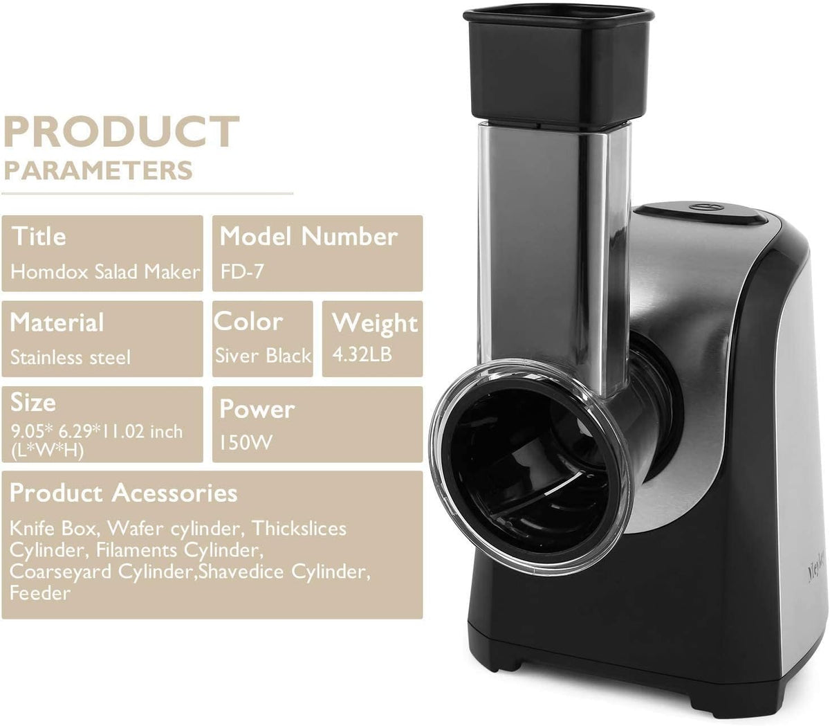 Electric Cheese Grater 5 in 1 Professional Electric Shredder Vegetable Slicer 150W One-Touch Control Salad Maker O756