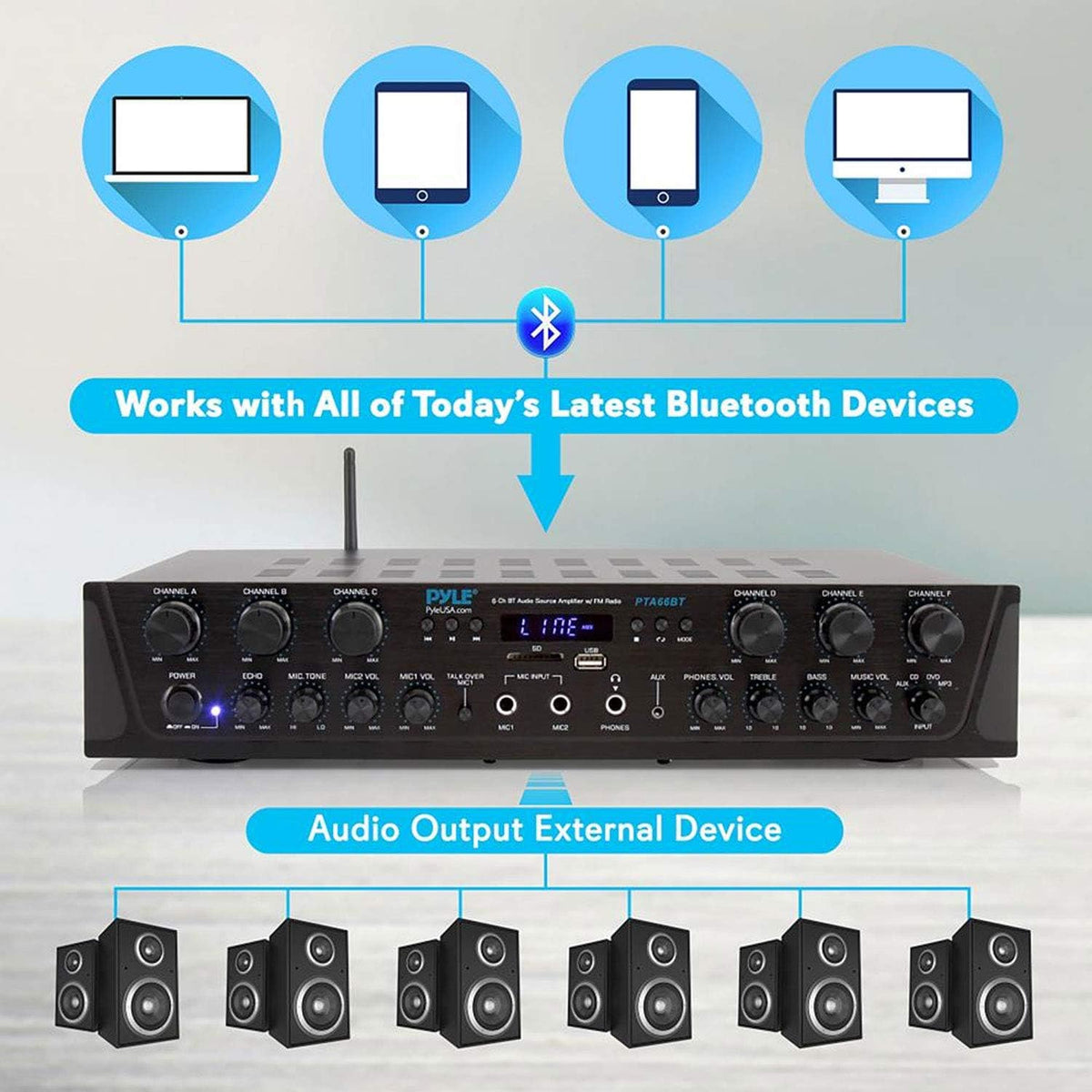 6 Channel 600 Watt Wireless Bluetooth Stereo Receiver Amplifier C79652