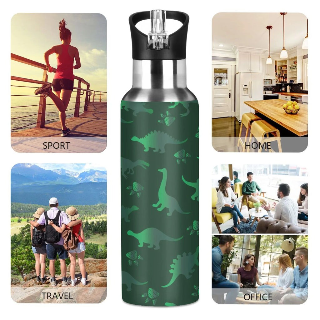 Green Dinosaur Pattern Stainless Steel Insulated Water Bottle with Straw Lid Z67347