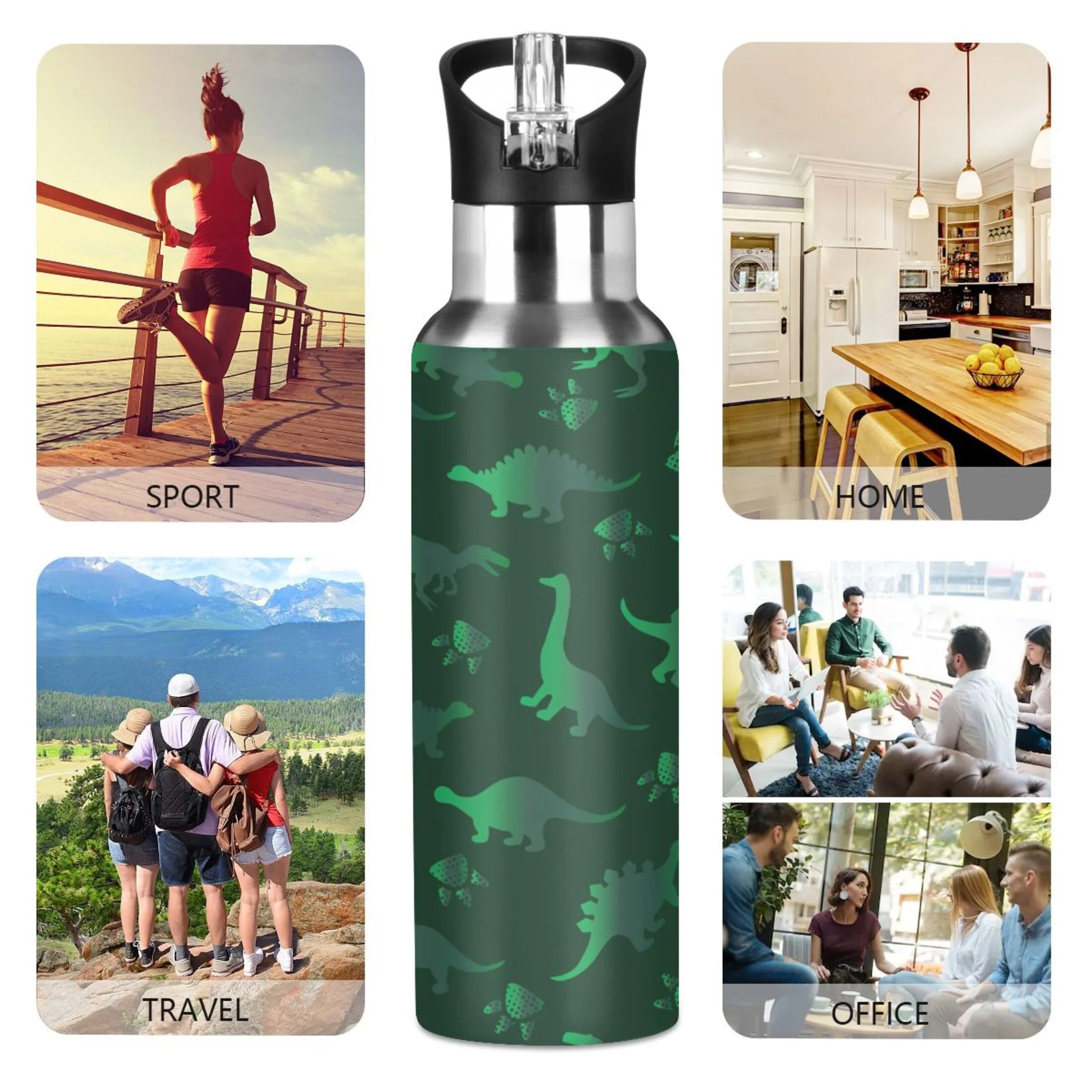 Green Dinosaur Pattern Stainless Steel Insulated Water Bottle with Straw Lid Z67347