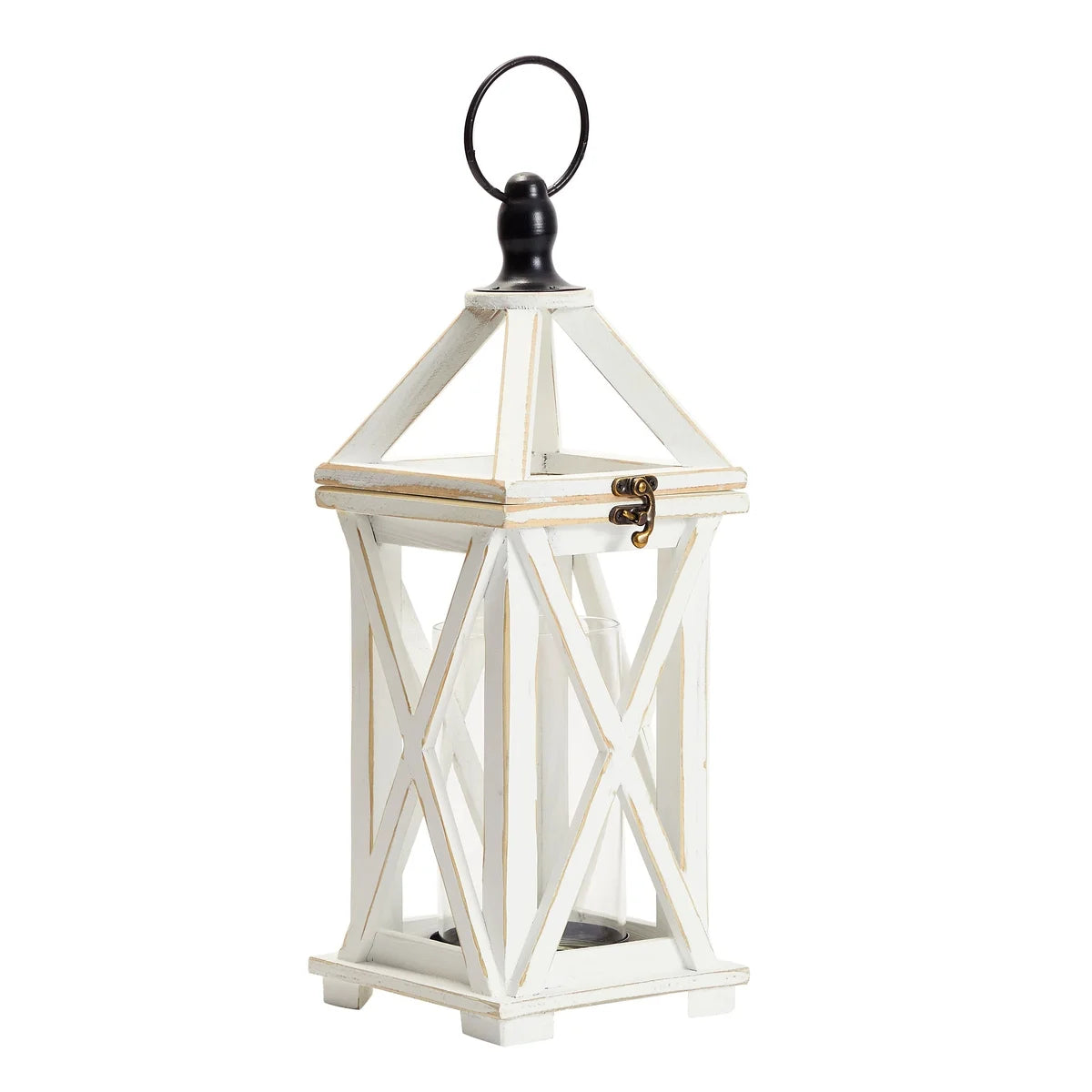 White 6 x 15 In Wooden Decorative Lantern Candle Holder with Glass Hurricane Q3887