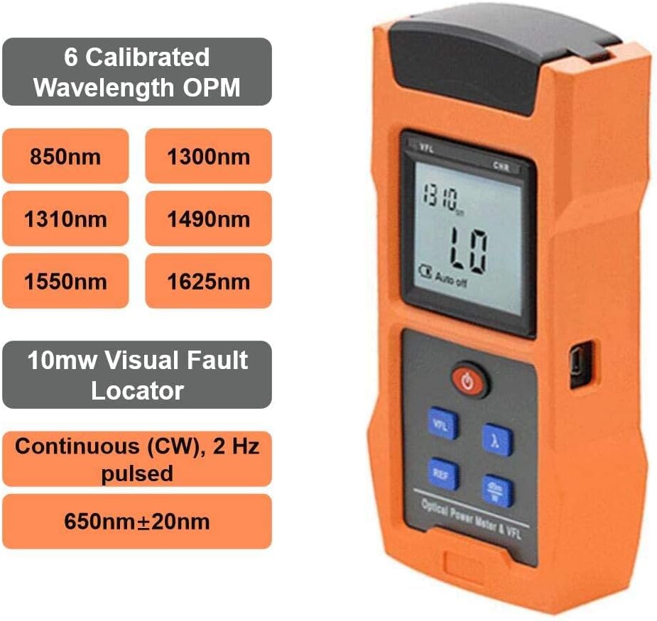 Optical Power Meter with Visual Fault Locator, Fiber Light Tester, Rechargeable Battery, USB Charge Port, Pack of 2 I80810