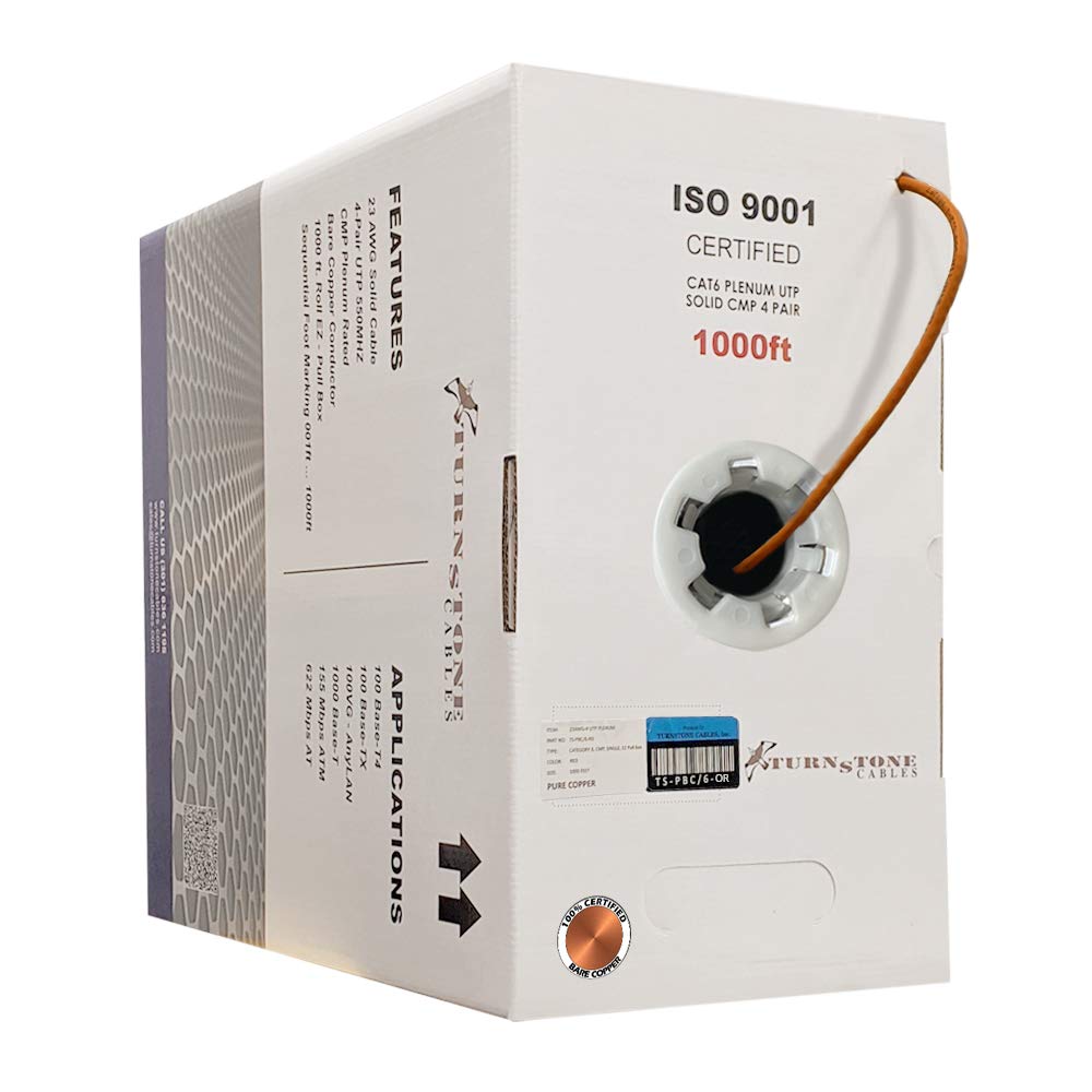 Cat6 Plenum (CMP) 1000ft Cable, 23AWG Solid Bare Copper UTP Bulk Ethernet Cable B415819