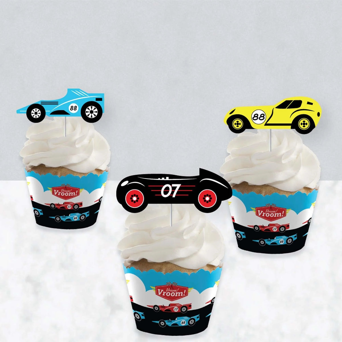 Racecar Cupcake Wrappers and Treat Picks Kit - Set of 24 E52321