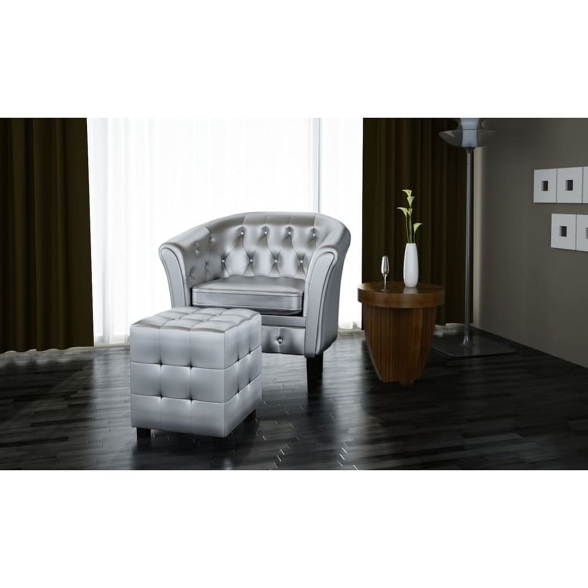Silver Faux Leather Tub Chair with Footstool R3603