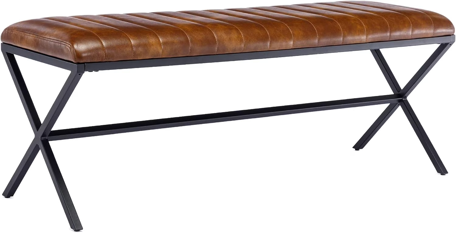 Faux Leather Upholstered Bench with Metal X Legs F6205
