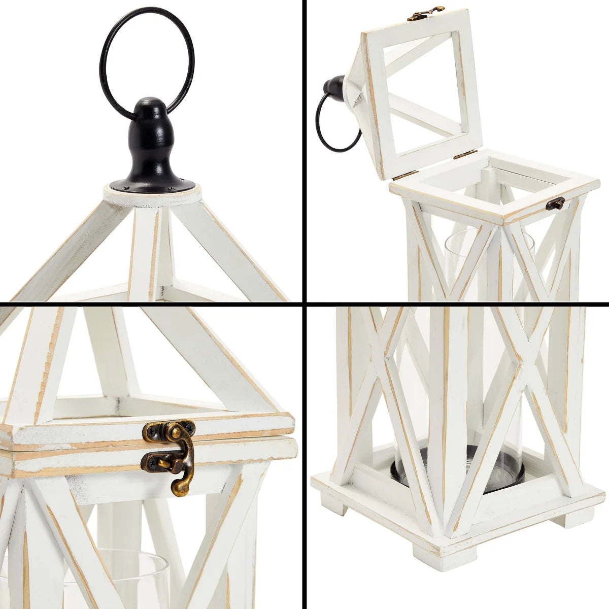 White 6 x 15 In Wooden Decorative Lantern Candle Holder with Glass Hurricane Q3887