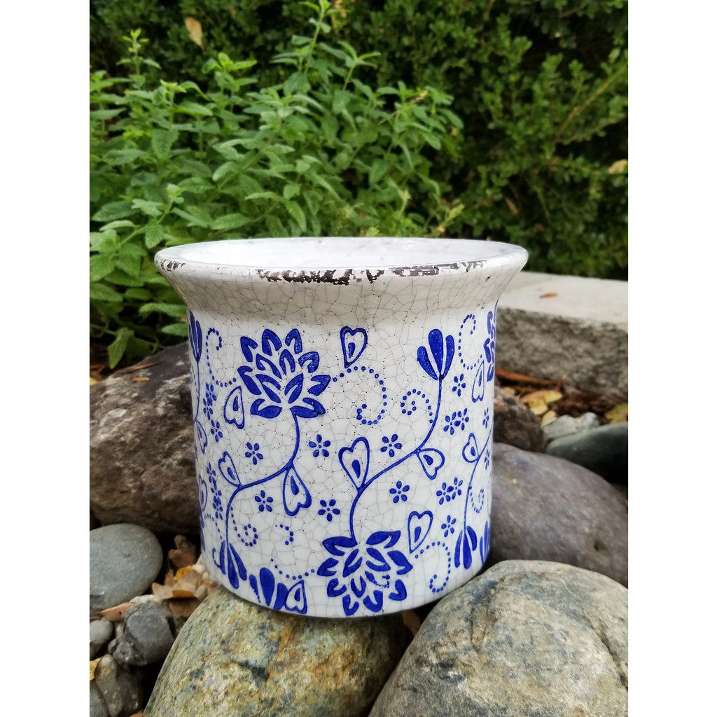 Blue and White Ceramic Flower Print Planter with Flared Lip D85284
