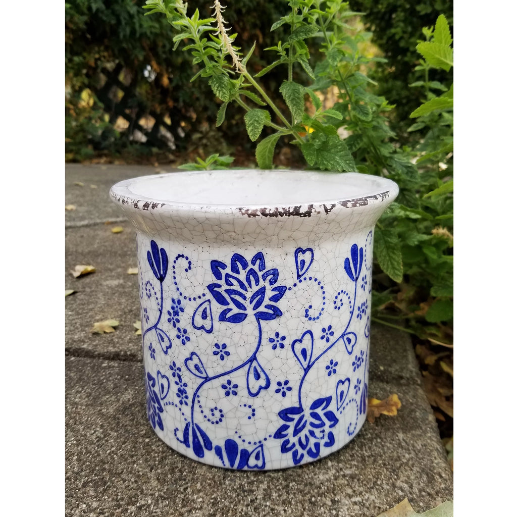 Blue and White Ceramic Flower Print Planter with Flared Lip D85284