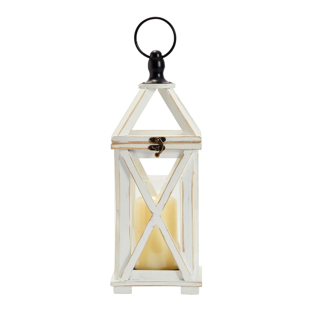 White 6 x 15 In Wooden Decorative Lantern Candle Holder with Glass Hurricane Q3887