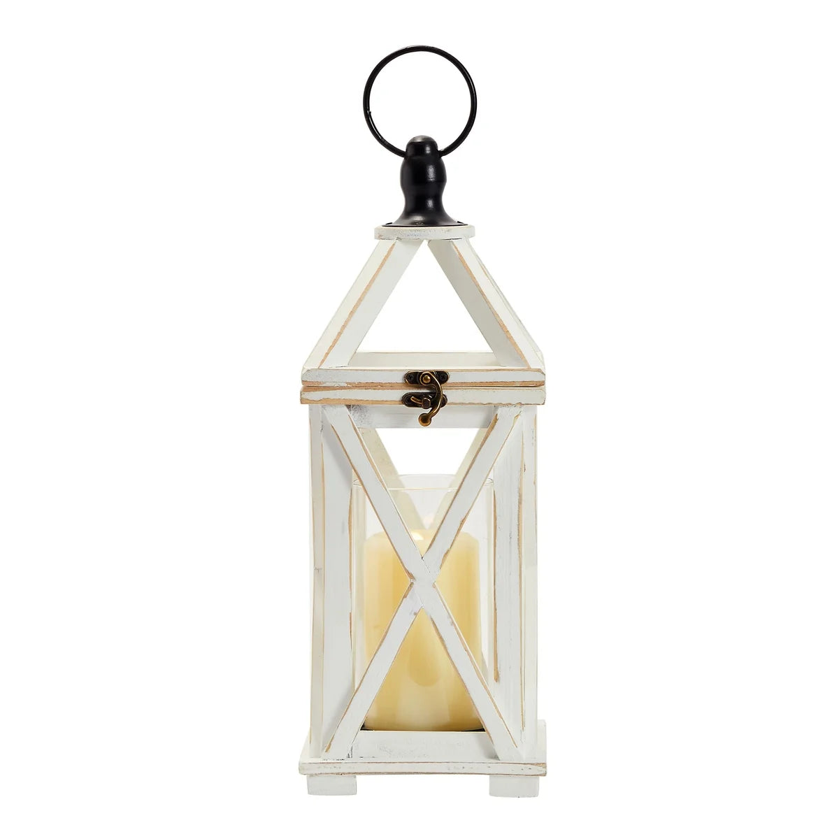 White 6 x 15 In Wooden Decorative Lantern Candle Holder with Glass Hurricane Q3887