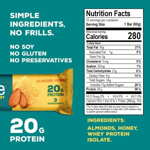 Almond Honey Whey Protein Bars, 20g Protein, 12 Pack J674509