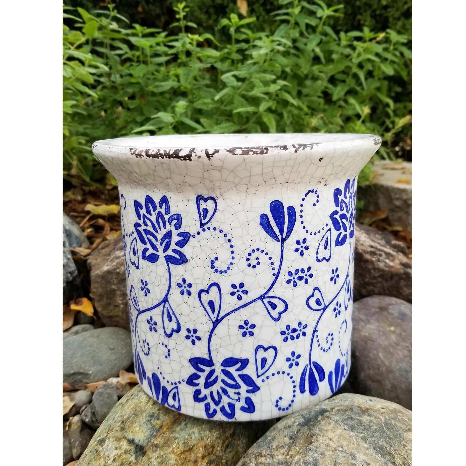 Blue and White Ceramic Flower Print Planter with Flared Lip D85284