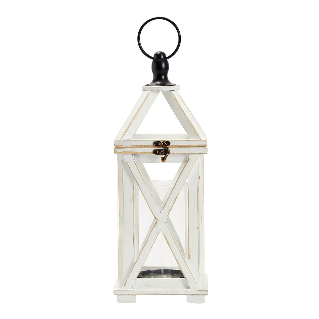 White 6 x 15 In Wooden Decorative Lantern Candle Holder with Glass Hurricane Q3887