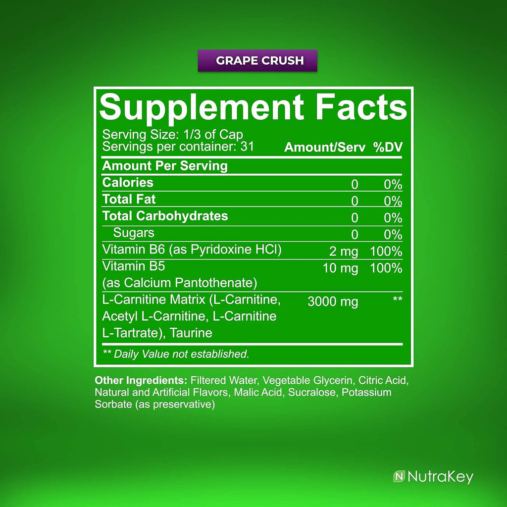 L-Carnitine 3000mg, No Sugar, Gluten Free, Grape Crush, 31 Servings R7777
