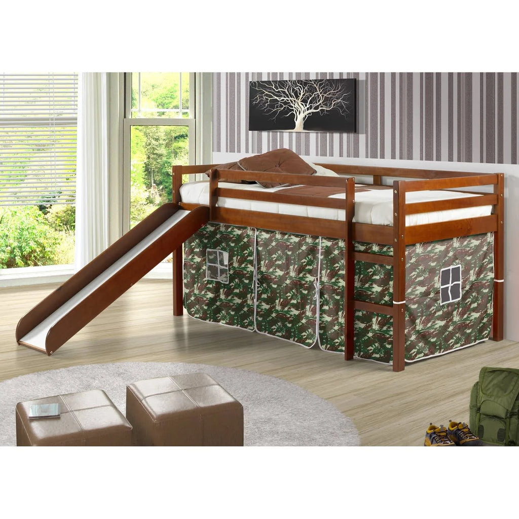Light Espresso Kids Twin Loft Tent Bed with Slide G19856