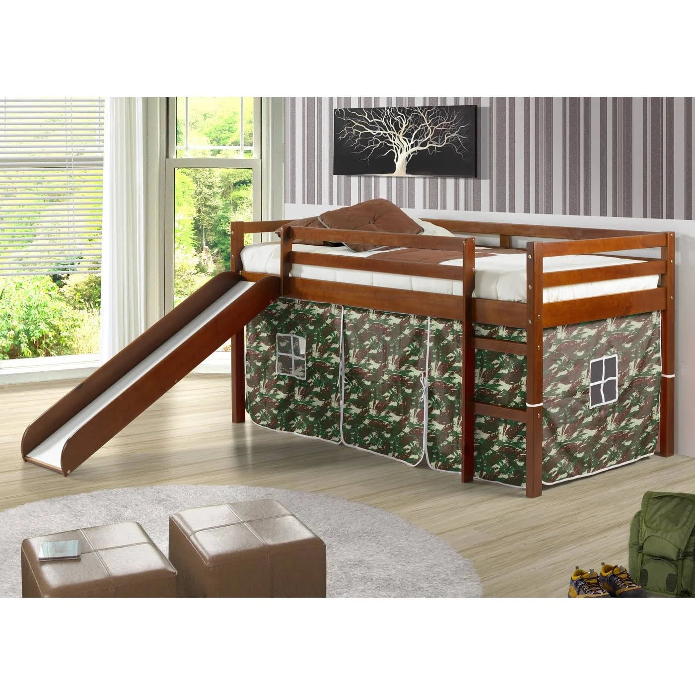 Light Espresso Kids Twin Loft Tent Bed with Slide G19856