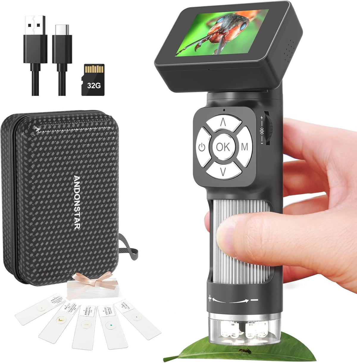 Portable Pocket Microscope Kit with 2" LCD Screen, 500X, 8 Adjustable LED Lights, 32GB SD Card R9618