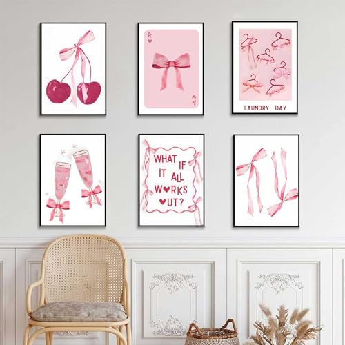 6 Pcs Pink Bows Wall Art, Light Pink Bow Canvas Prints, Unframed 8x10in Poster Q4245