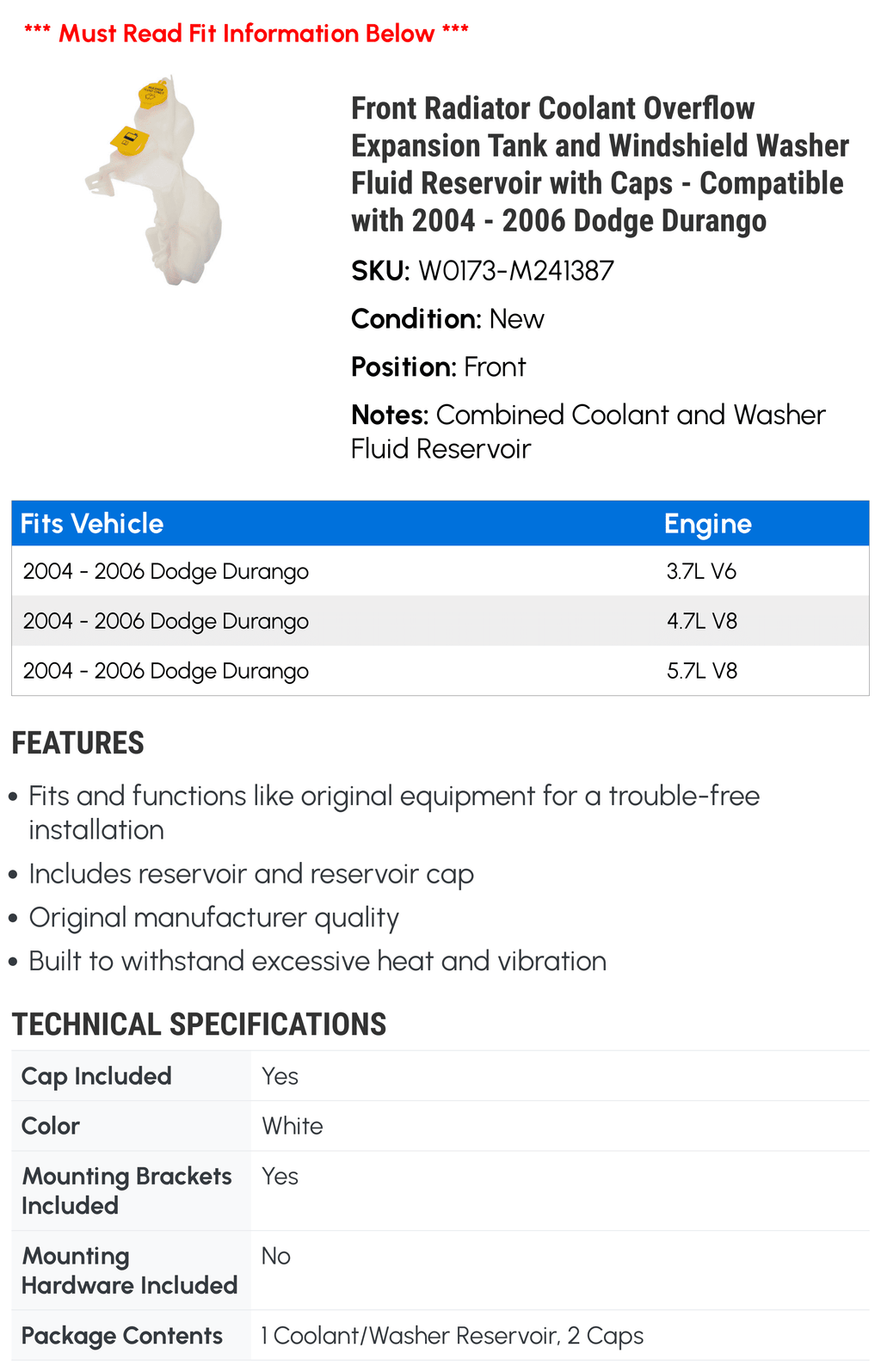 Radiator Coolant Overflow Expansion Tank and Windshield Washer Fluid Reservoir with Caps L8555