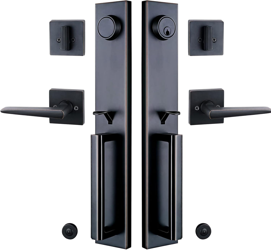 Double Door Handleset Brushed Nickel Finish Keyed Entry Handle and Dummy Handleset Set I73921