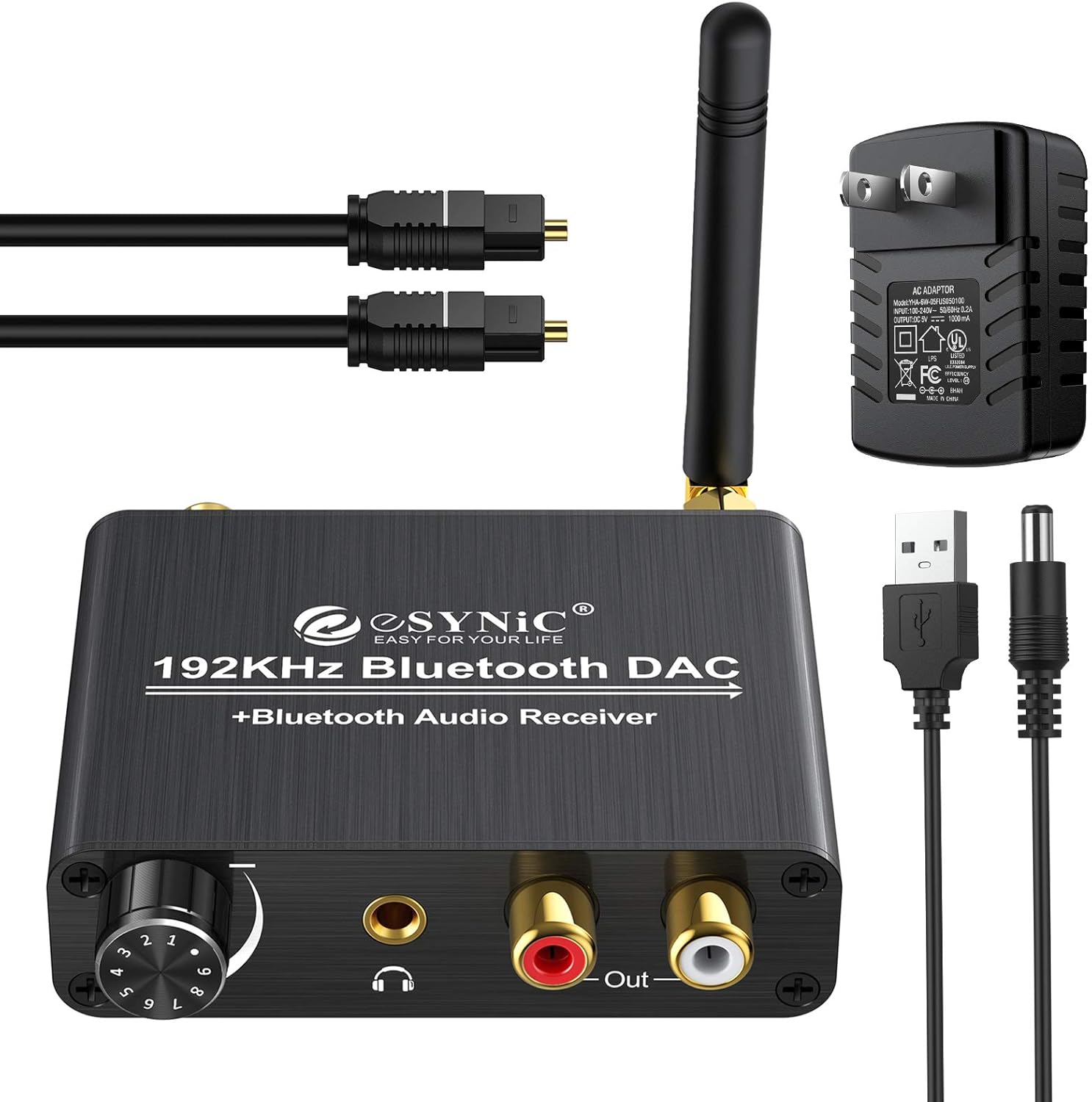 192kHz DAC Digital to Analog Audio Converter with Bluetooth 5.0 Receiver, Optical Coaxial Toslink, Stereo L/R RCA 3.5mm, Pack of 2 Q9206