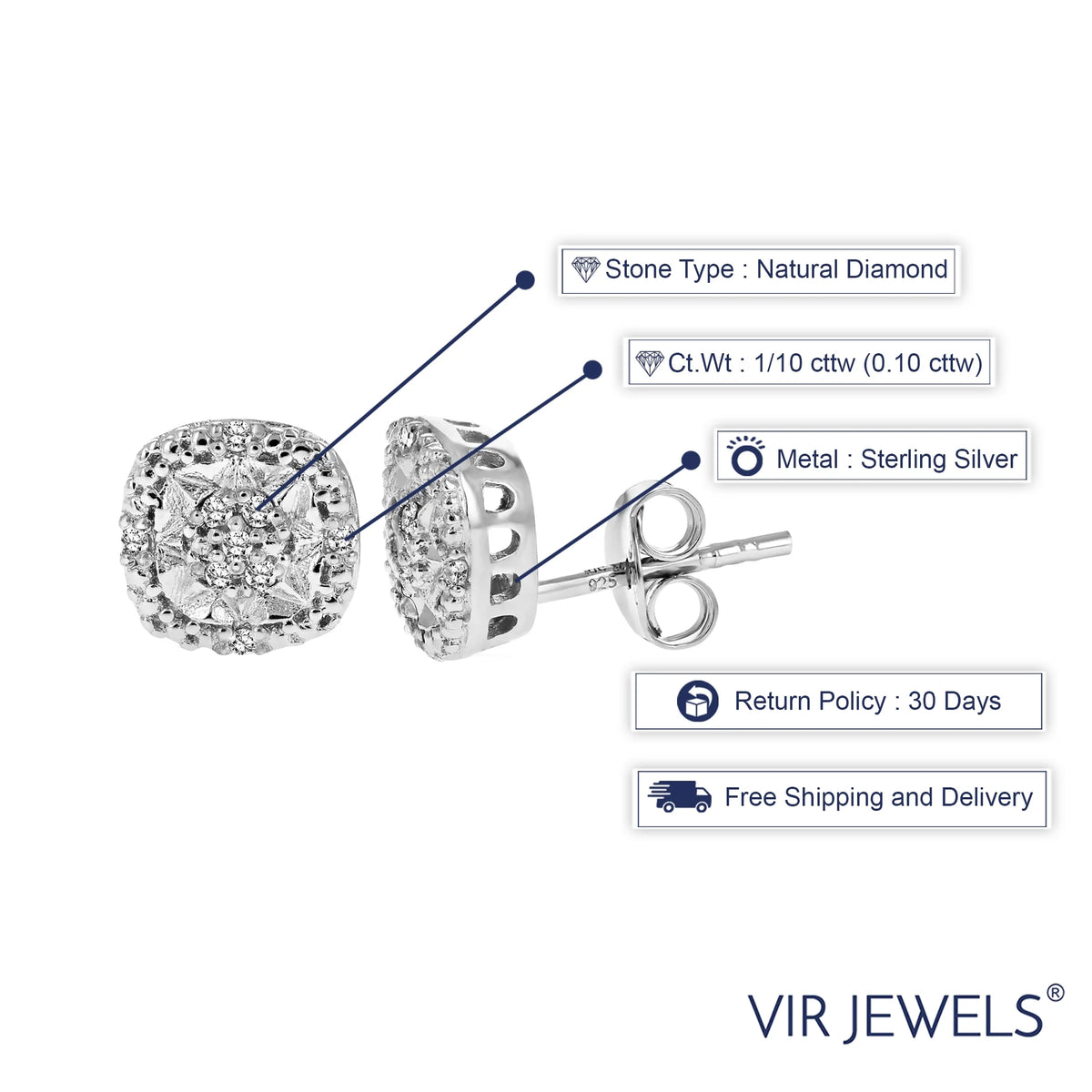 1/10 CTTW Diamond Earrings in .925 Sterling Silver Cushion Shape A758459