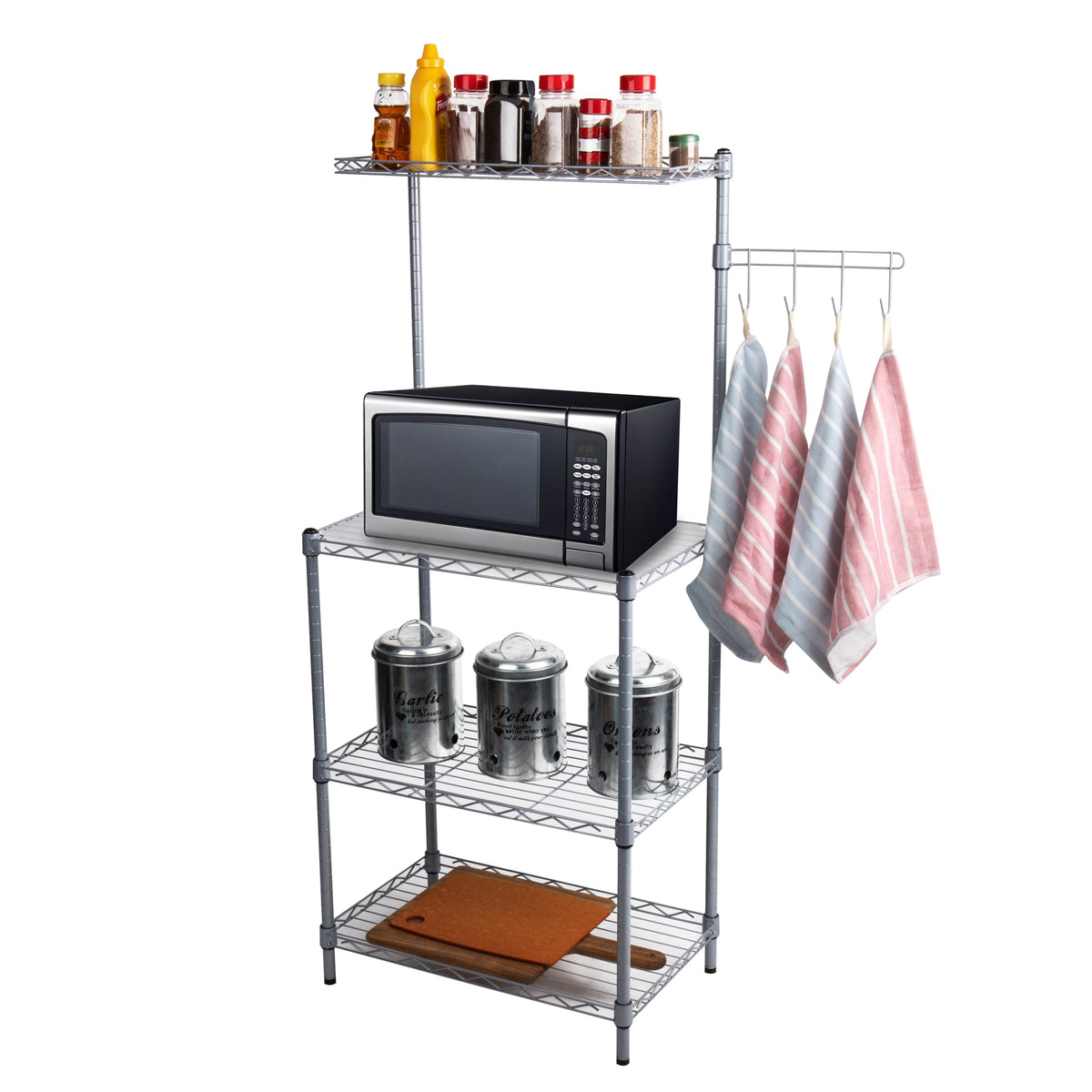 3-Tier Metal Utility Shelf and Microwave Stand with Hooks B4558