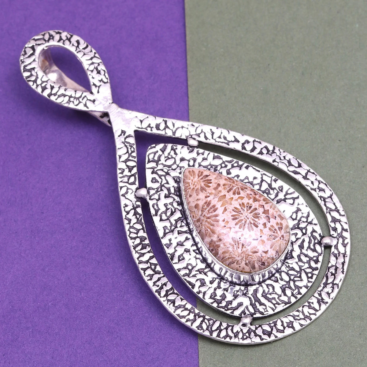 925 Silver Necklace Fossil Gemstone Coral 18" Handmade O48707