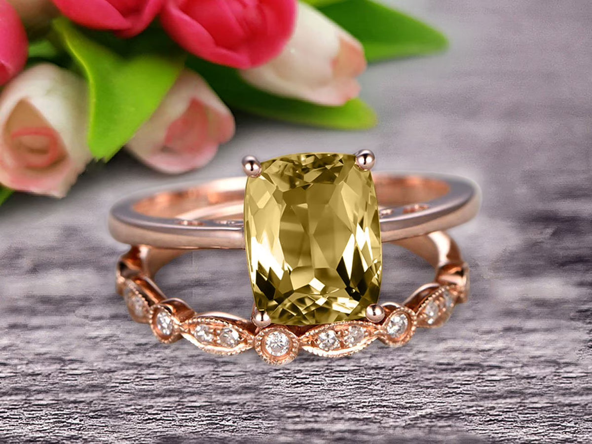 10K Rose Gold Cushion Cut Champagne Diamond Moissanite Solitaire Engagement Ring With Matching Band R489