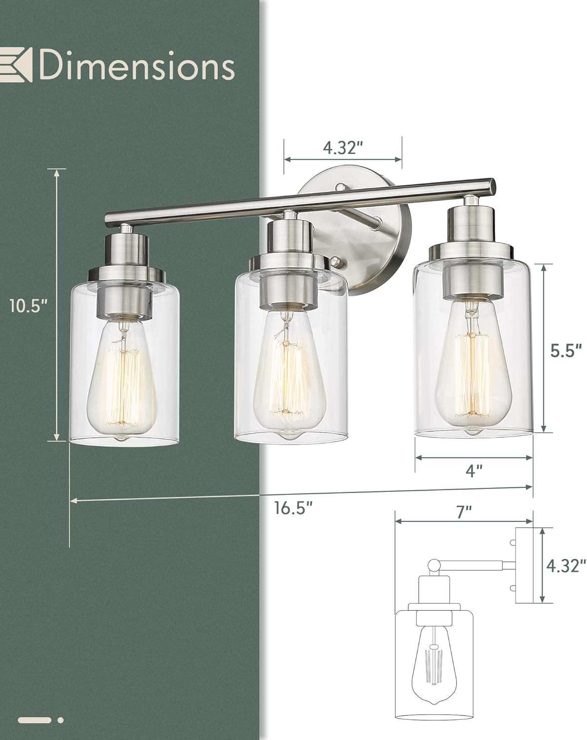 3-Light Brushed Nickel Clear Glass Vanity Wall Light Fixtures M498