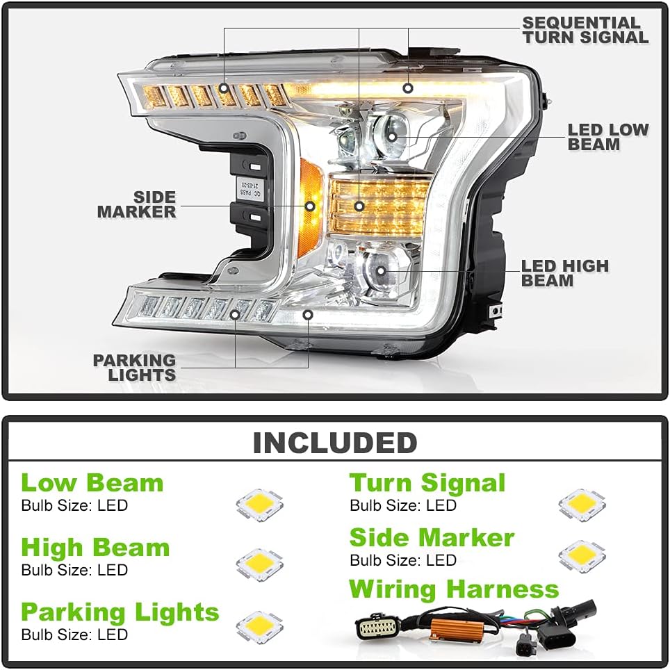 Chrome LED Tube Projector Headlights Set Left+Right P682825