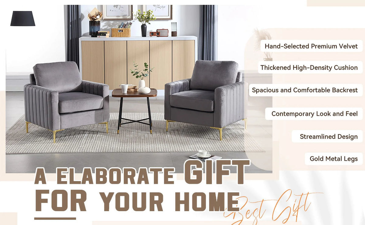 Gray Velvet Tufted Accent Chair with Metal Legs W303