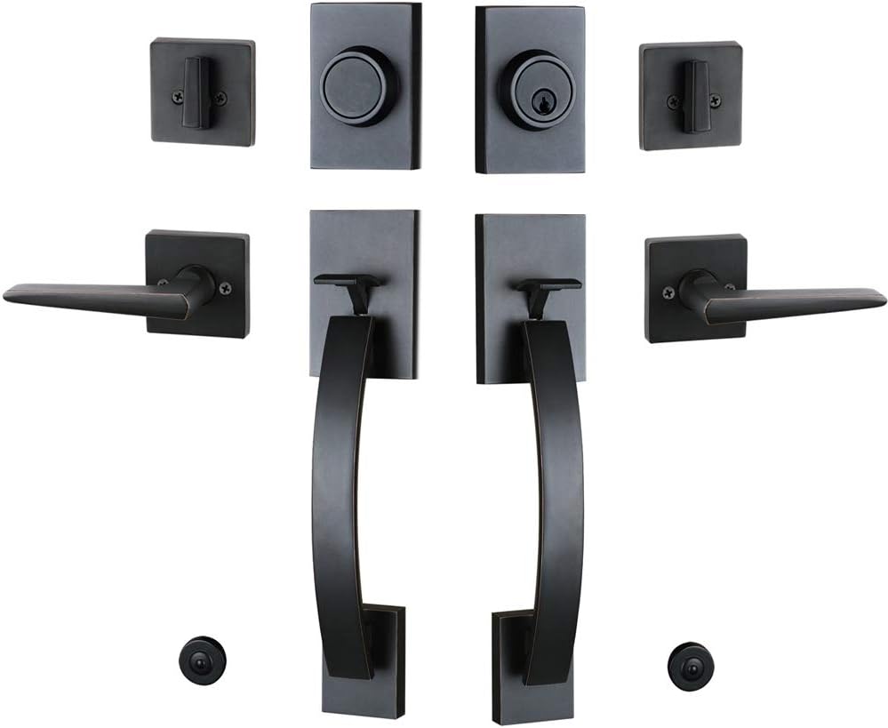 Double Door Handleset Brushed Nickel Finish Keyed Entry Handle and Dummy Handleset Set I73921