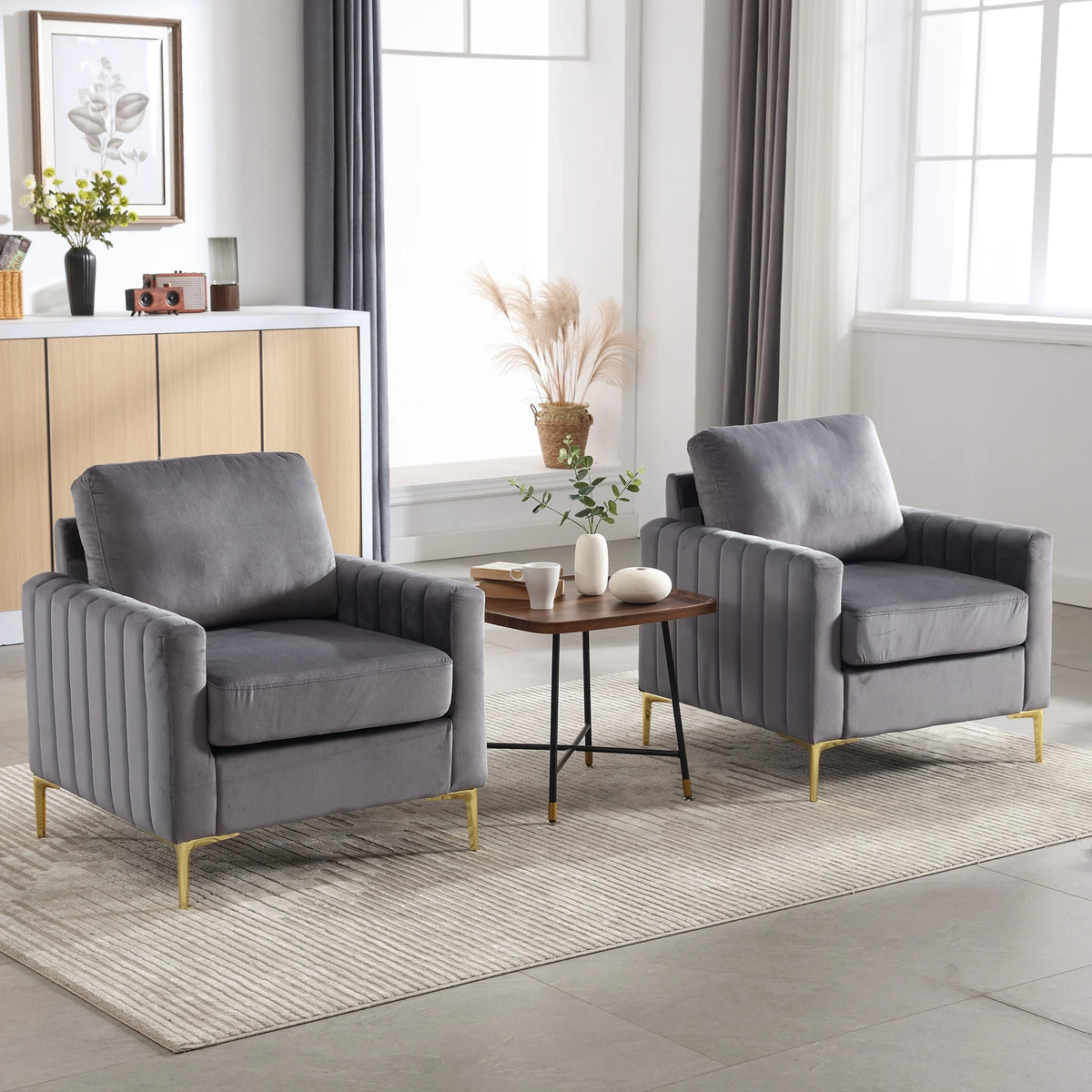 Gray Velvet Tufted Accent Chair with Metal Legs W303