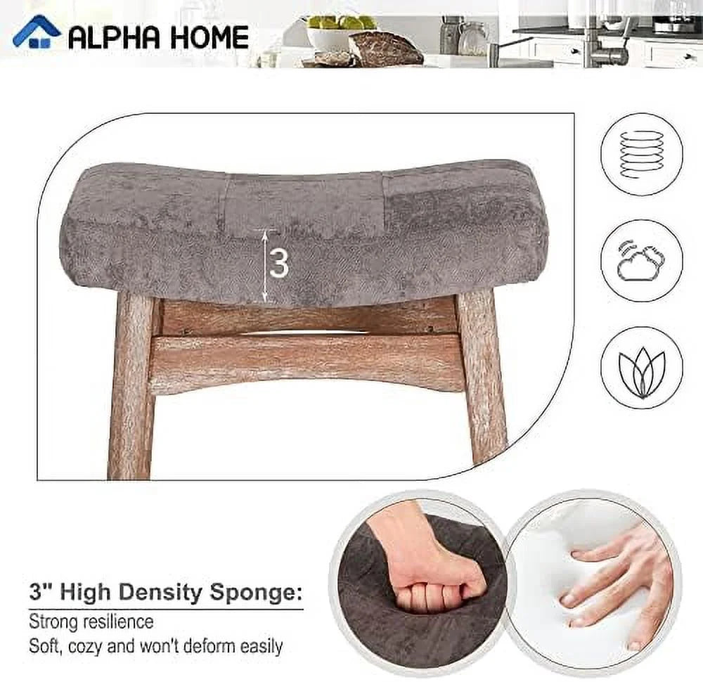 Solid Wood Saddle Kitchen Stool with Grey Linen Fabric Cushion Counter Height Barstool, 24 Inch P505972