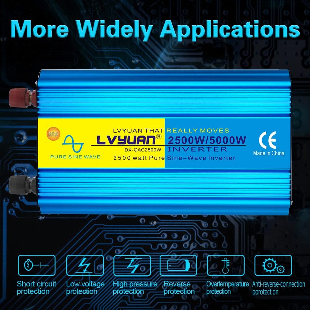 2500 Watt Pure Sine Wave Power Inverter 12V DC to 120V AC Converter with 4 AC Outlets and 3.1A USB Port U253903